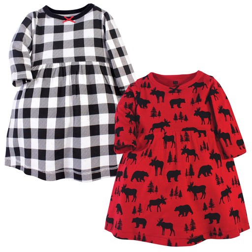 Hudson Baby Infant and Toddler Girl Cotton Long-Sleeve Dresses 2Pack, Red Moose Bear