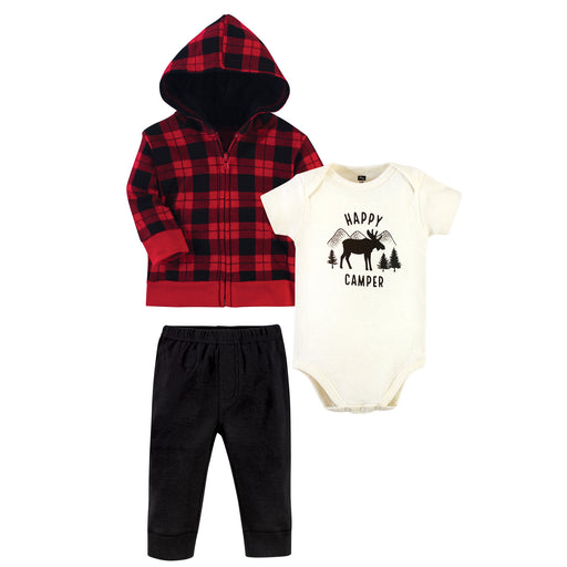 Hudson Baby Infant Boy Cotton Hoodie, Bodysuit and Pant Set, Plaid Moose