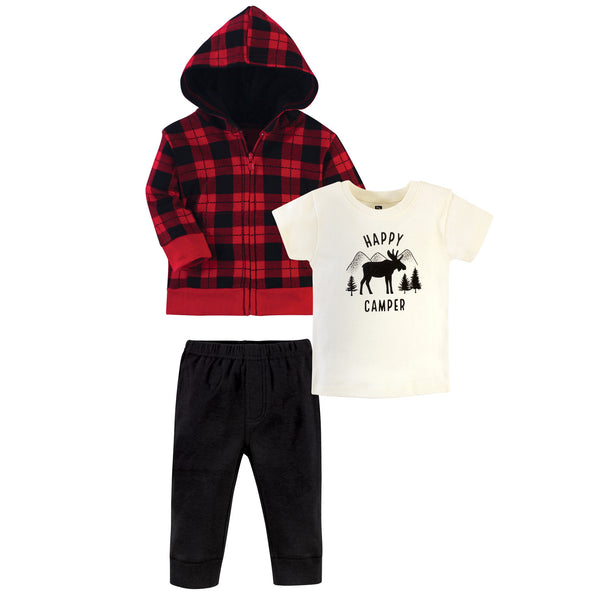 Hudson Baby Toddler Boy Cotton Hoodie, Tee Top and Pant Set, Plaid Moose