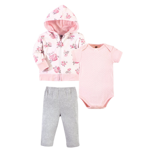 Hudson Baby Infant Girl Cotton Hoodie, Bodysuit and Pant Set, Pink Floral