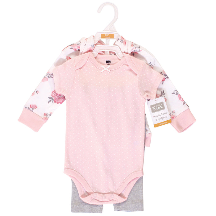 Hudson Baby Infant Girl Cotton Hoodie, Bodysuit and Pant Set, Pink Floral