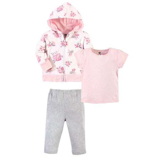 Hudson Baby Toddler Girl Cotton Hoodie, Tee Top and Pant Set, Pink Floral