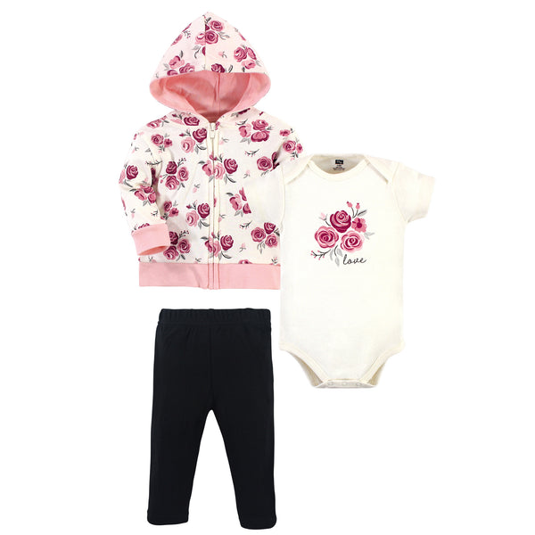 Hudson Baby Infant Girl Cotton Hoodie, Bodysuit and Pant Set, Rose