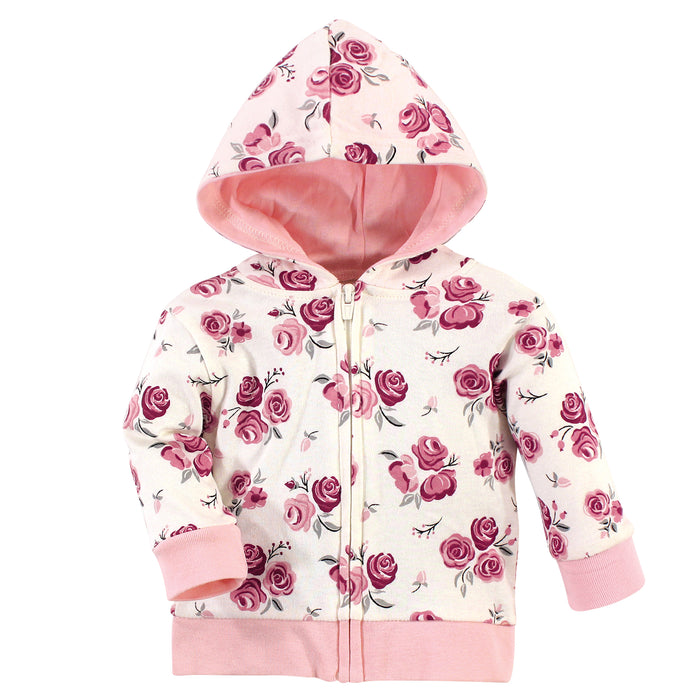Hudson Baby Infant Girl Cotton Hoodie, Bodysuit and Pant Set, Rose