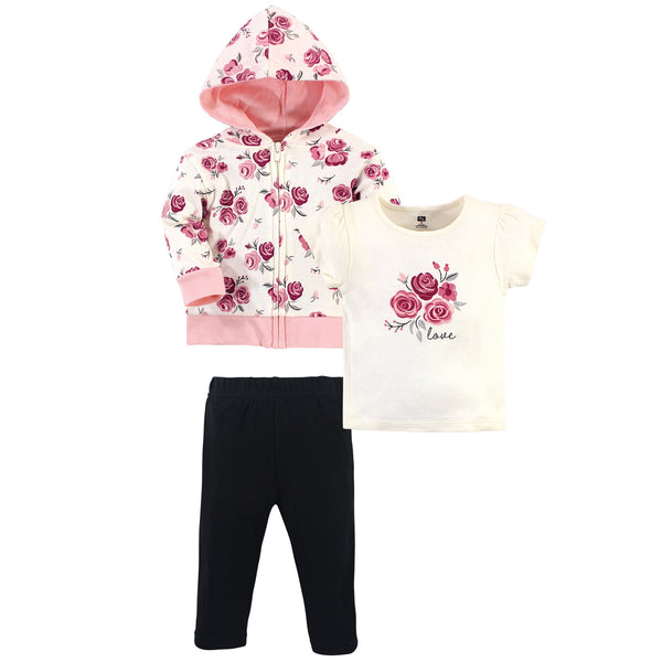 Hudson Baby Toddler Girl Cotton Hoodie, Tee Top and Pant Set, Rose