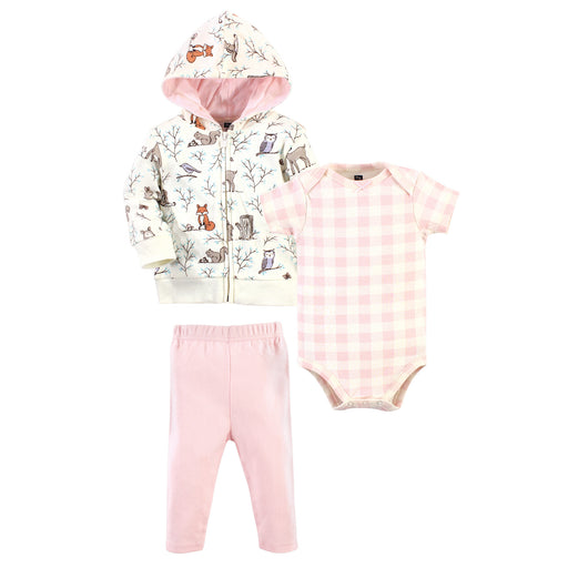 Hudson Baby Infant Girl Cotton Hoodie, Bodysuit and Pant Set, Enchanted Forest