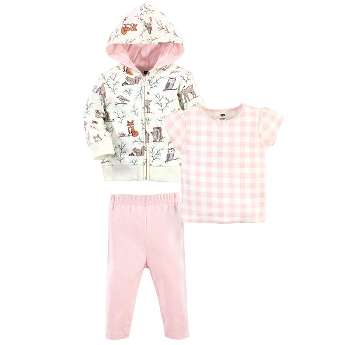 Hudson Baby Toddler Girl Cotton Hoodie, Tee Top and Pant Set, Enchanted Forest