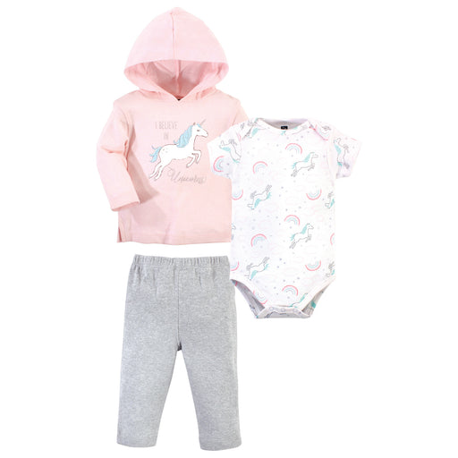 Hudson Baby Infant Girl Cotton Hoodie, Bodysuit and Pant Set, Glitter Unicorn