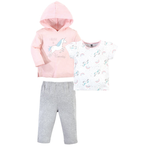 Hudson Baby Toddler Girl Cotton Hoodie, Tee Top and Pant Set, Glitter Unicorn