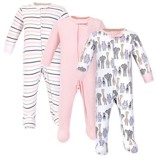 Hudson Baby Infant Girl Cotton Zipper Sleep and Play 3 Pack, Pink Safari