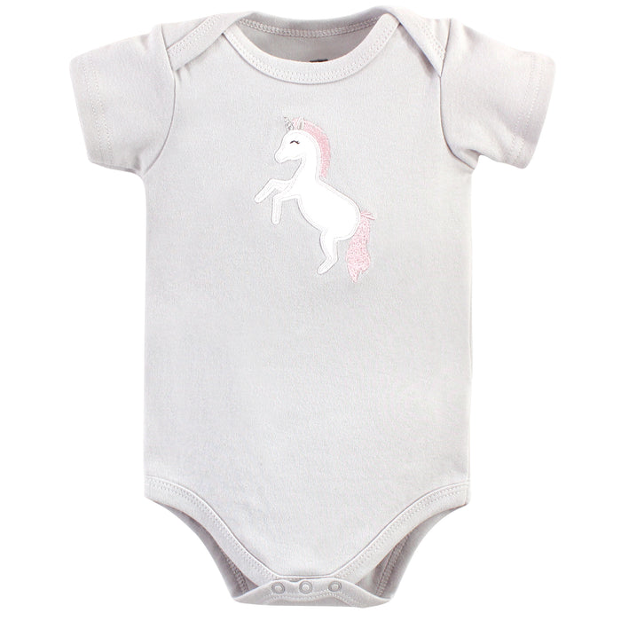 Hudson Baby Infant Girl Cotton Bodysuits 5 Pack, Whimsical Unicorn