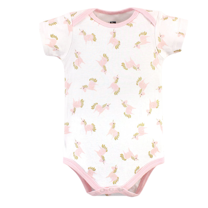 Hudson Baby Infant Girl Cotton Bodysuits 5 Pack, Gold/Pink Unicorn