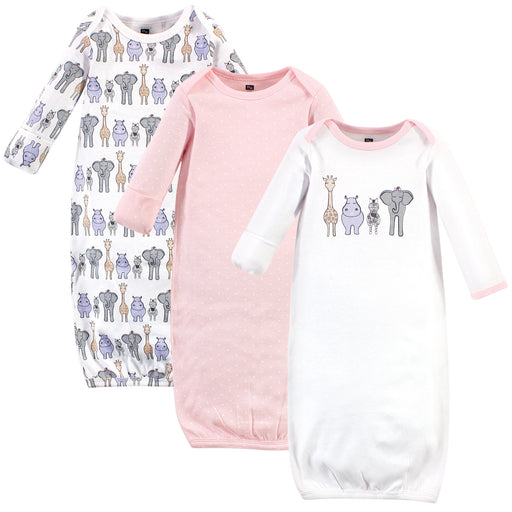 Hudson Baby Infant Girl Cotton Long-Sleeve Gowns 3 Pack, Pink Safari