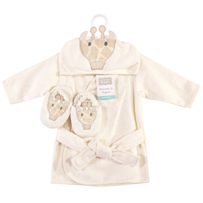 Hudson Baby Cotton Animal Face Bathrobe and Slippers 2 Piece, Modern Giraffe