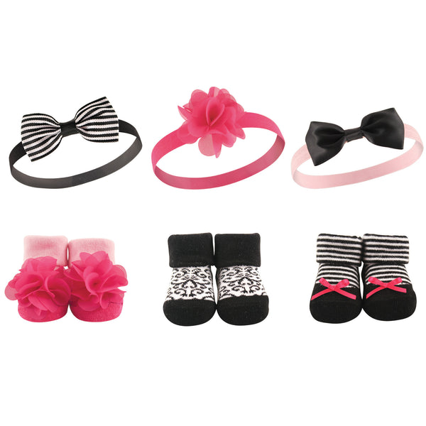 Hudson Baby Infant Girl Headband and Socks Giftset 6 Piece, Damask, One Size