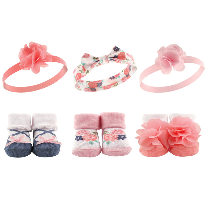 Hudson Baby Infant Girl Headband and Socks Giftset 6 Piece, Coral Floral, One Size