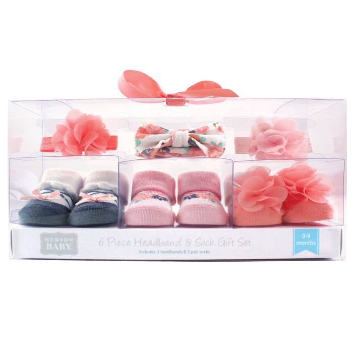 Hudson Baby Infant Girl Headband and Socks Giftset 6 Piece, Coral Floral, One Size