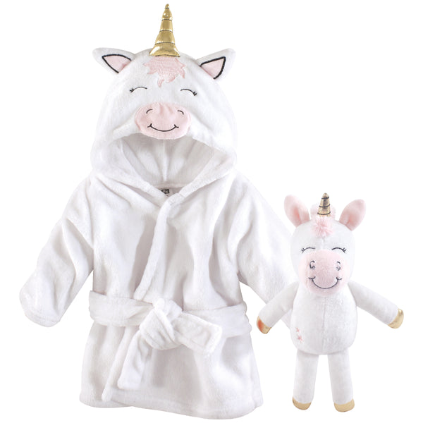 Hudson Baby Infant Girl Plush Bathrobe and Toy Set, Modern Unicorn, One Size