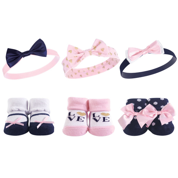 Hudson Baby Infant Girl Headband and Socks Giftset 6 Piece, Navy Love, One Size