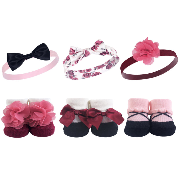 Hudson Baby Infant Girl Headband and Socks Giftset 6 Piece, Burgundy Floral, One Size