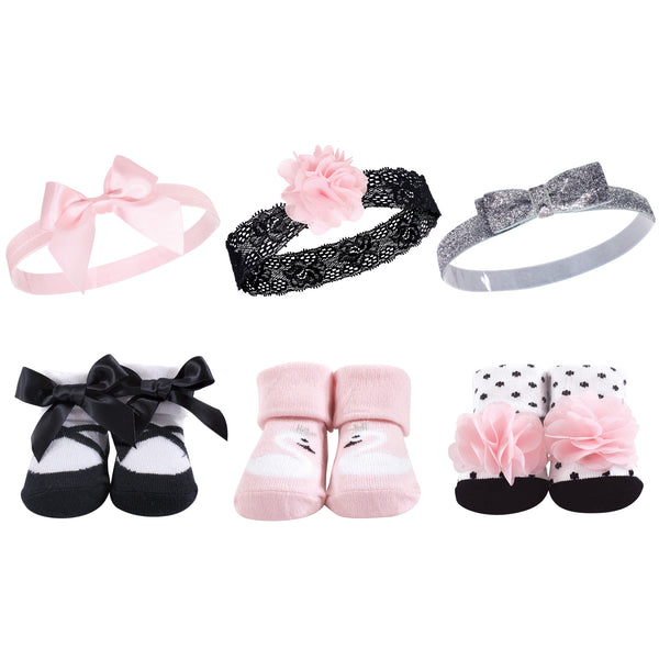 Hudson Baby Infant Girl Headband and Socks Giftset 6 Piece, Swan, One Size