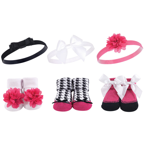 Hudson Baby Infant Girl Headband and Socks Giftset 6 Piece, Dark Pink Black, One Size