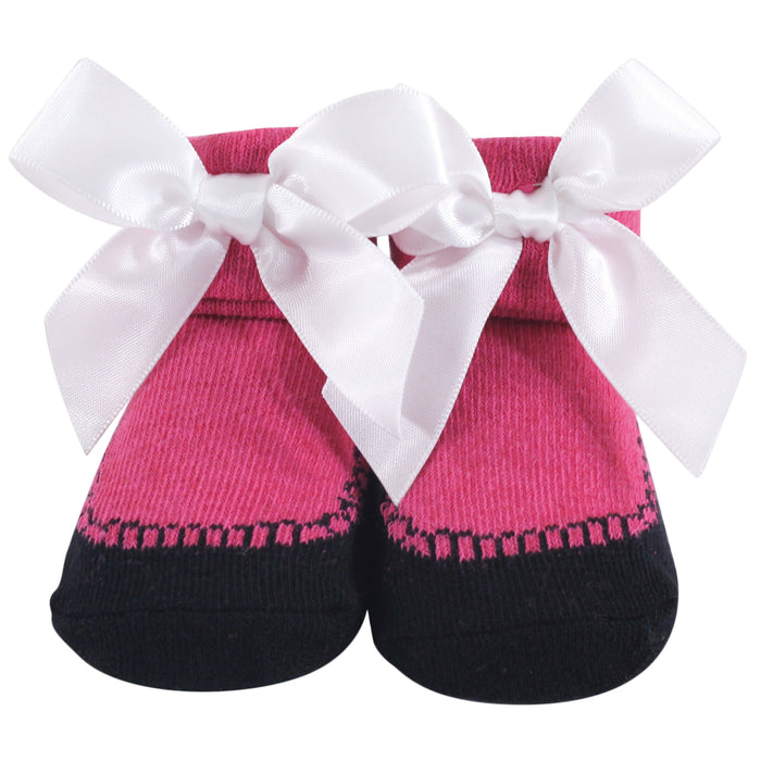 Hudson Baby Infant Girl Headband and Socks Giftset 6 Piece, Dark Pink Black, One Size