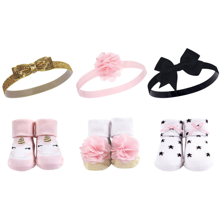 Hudson Baby Infant Girl Headband and Socks Giftset 6 Piece, Gold Unicorn Stars, One Size