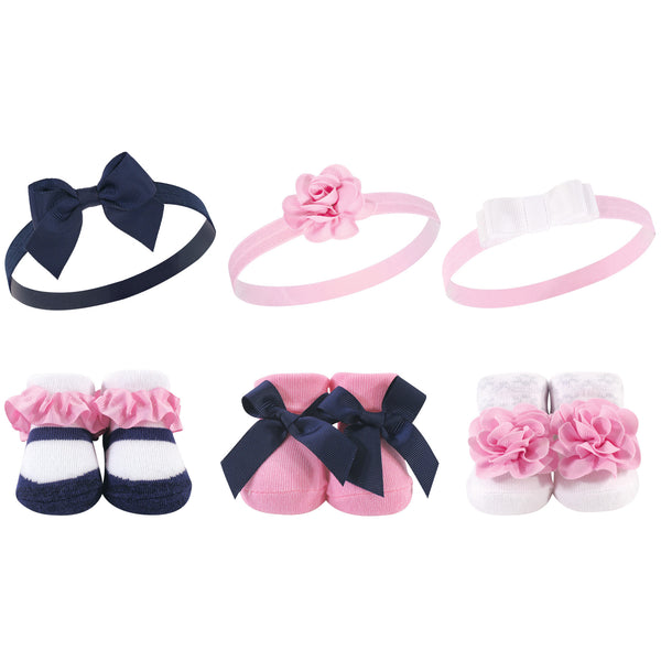 Hudson Baby Infant Girl Headband and Socks Giftset 6 Piece, Navy White, One Size