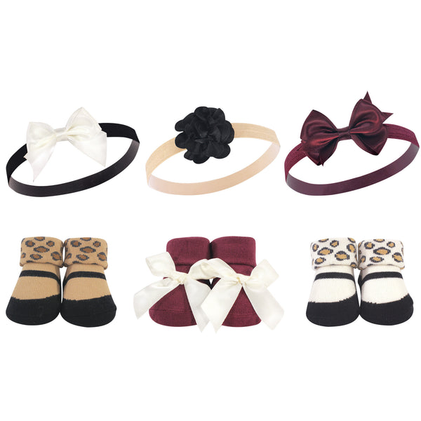 Hudson Baby Infant Girl Headband and Socks Giftset 6 Piece, Burgundy Leopard, One Size