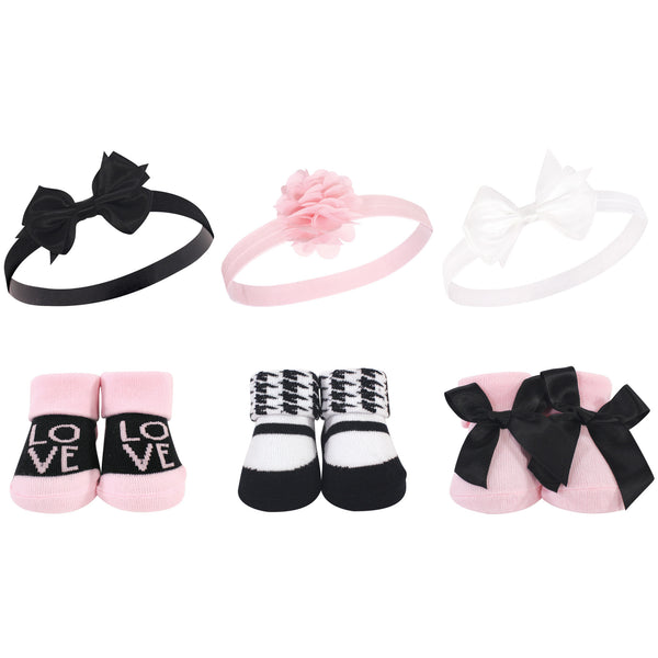 Hudson Baby Infant Girl Headband and Socks Giftset 6 Piece, Pink Black Love, One Size