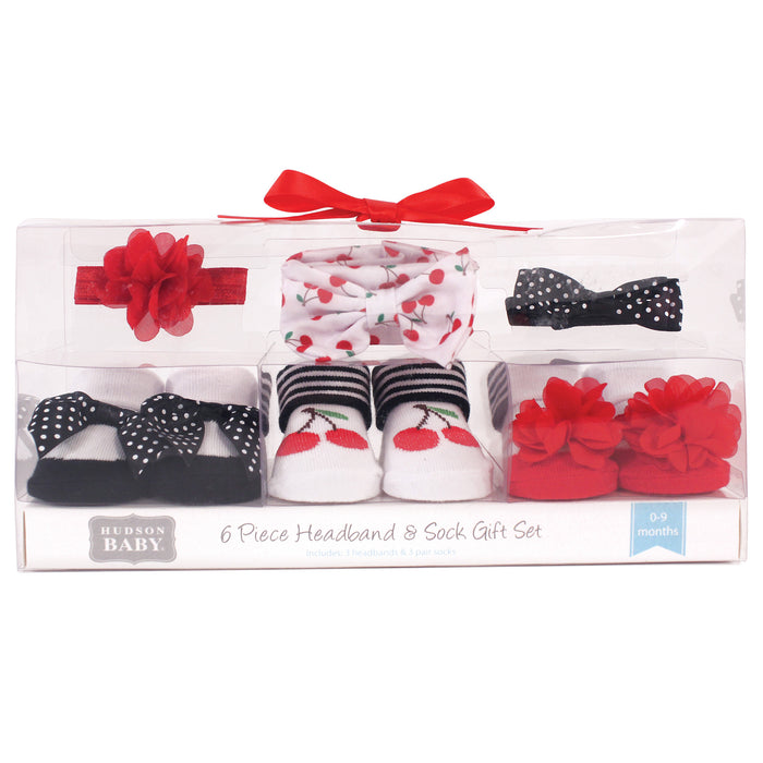 Hudson Baby Infant Girl Headband and Socks Giftset 6 Piece, Cherry, One Size