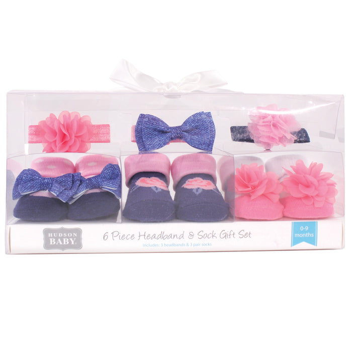 Hudson Baby Infant Girl Headband and Socks Giftset 6 Piece, Pink Navy Flower, One Size