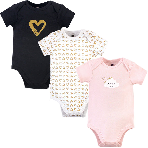 Hudson Baby Infant Girl Cotton Bodysuits 3 Pack, Dream Love