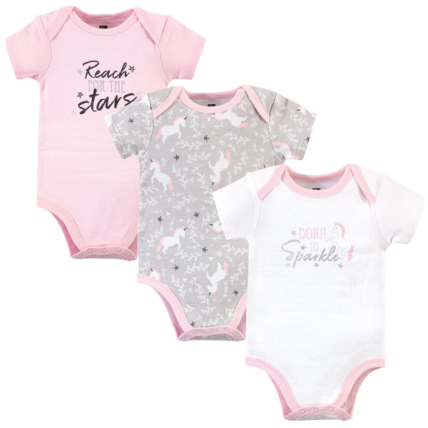 Hudson Baby Infant Girl Cotton Bodysuits 3 Pack, Whimsical Unicorn