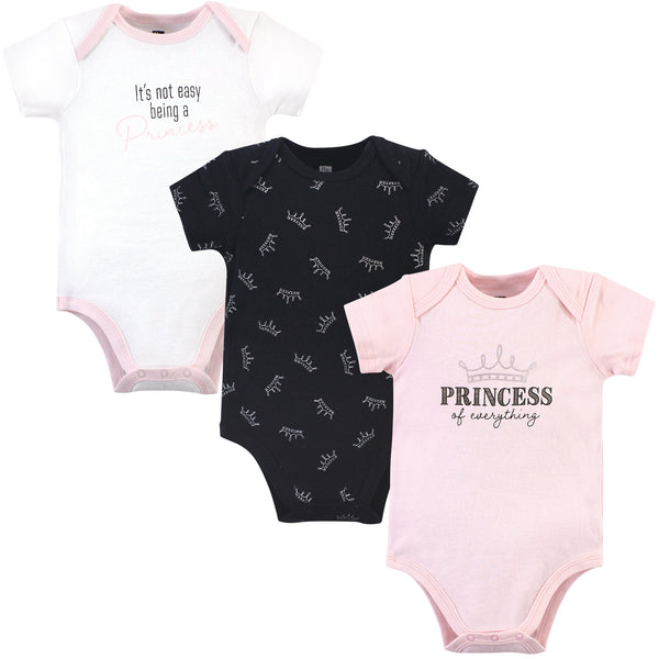 Hudson Baby Infant Girl Cotton Bodysuits 3 Pack, Pink Princess