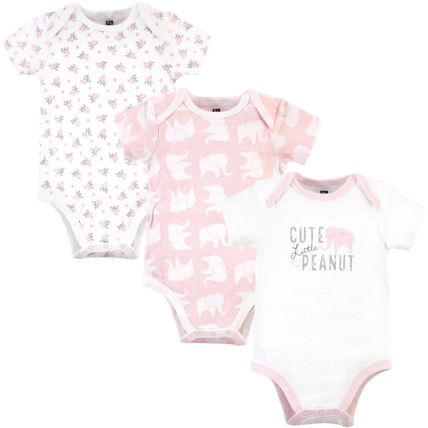 Hudson Baby Infant Girl Cotton Bodysuits 3 Pack, Pink Elephant