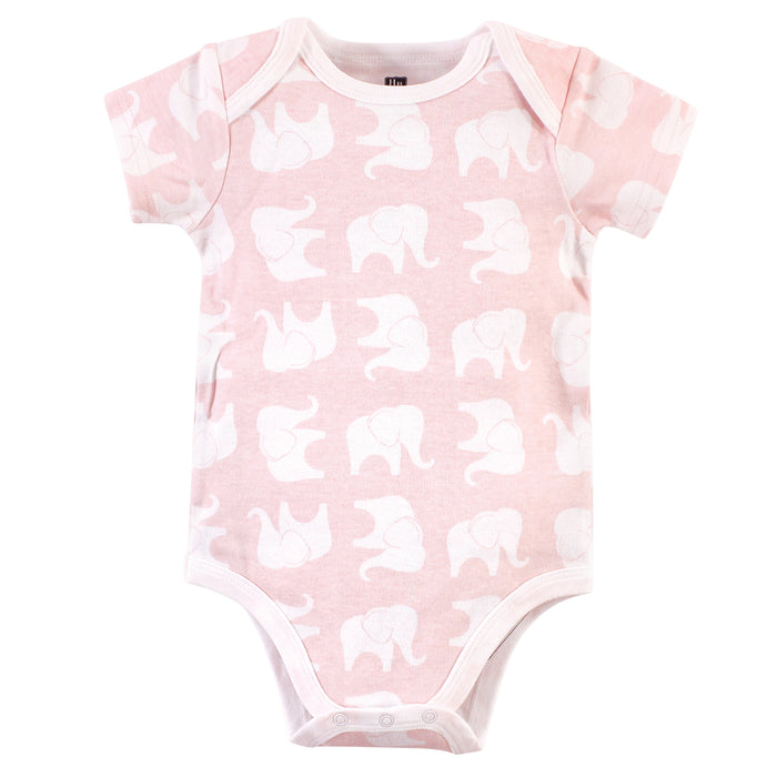Hudson Baby Infant Girl Cotton Bodysuits 3 Pack, Pink Elephant