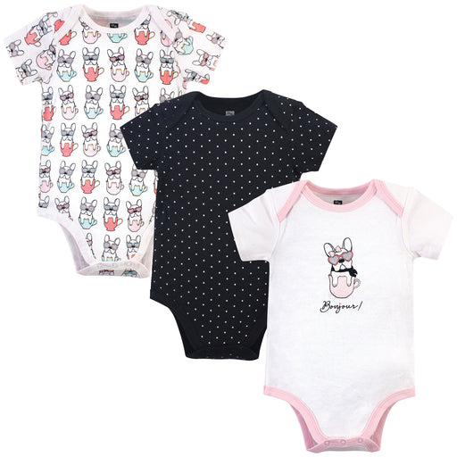 Hudson Baby Infant Girl Cotton Bodysuits 3 Pack, Black Bonjour