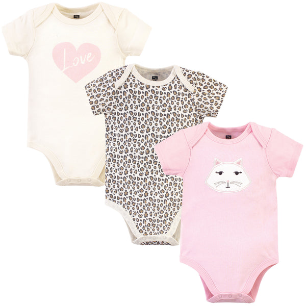 Hudson Baby Infant Girl Cotton Bodysuits 3 Pack, Pink Kitty