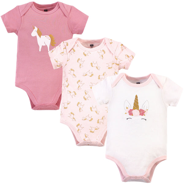 Hudson Baby Infant Girl Cotton Bodysuits 3 Pack, Gold Pink Unicorn