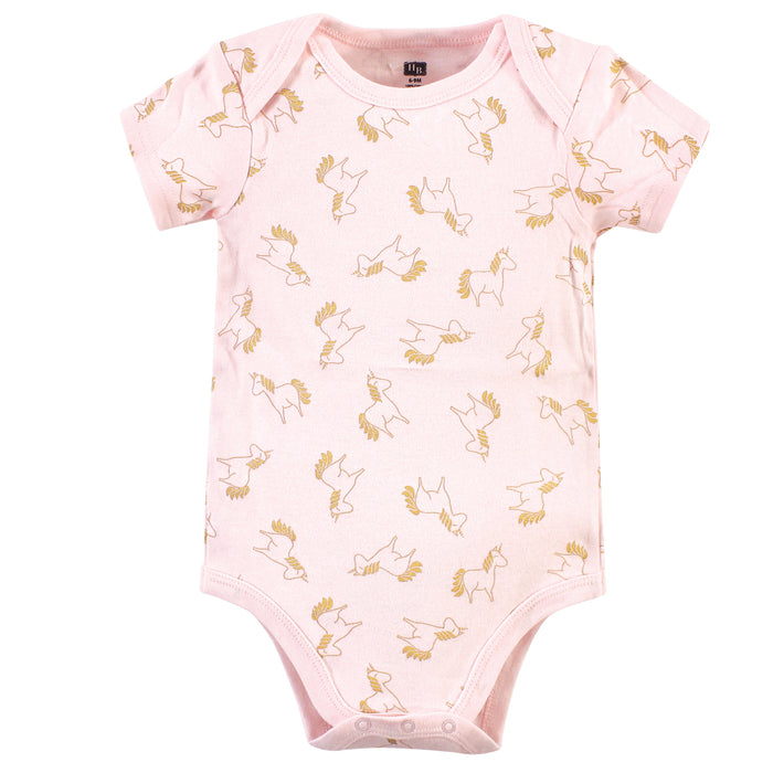 Hudson Baby Infant Girl Cotton Bodysuits 3 Pack, Gold Pink Unicorn