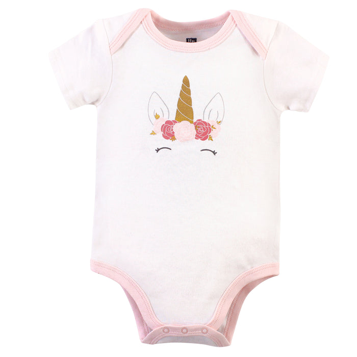 Hudson Baby Infant Girl Cotton Bodysuits 3 Pack, Gold Pink Unicorn