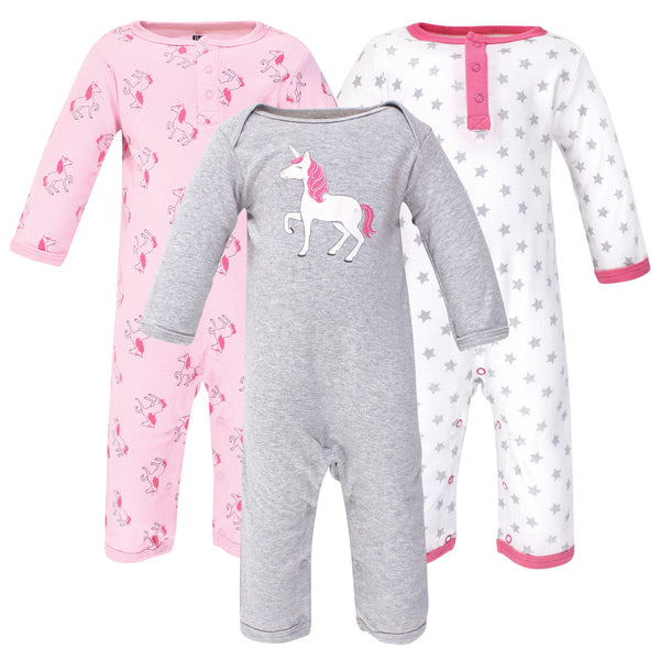 Hudson Baby Infant Girl Cotton Coveralls 3 Pack, Pink Unicorn