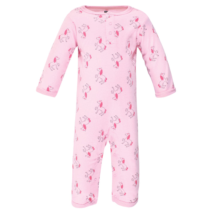 Hudson Baby Infant Girl Cotton Coveralls 3 Pack, Pink Unicorn