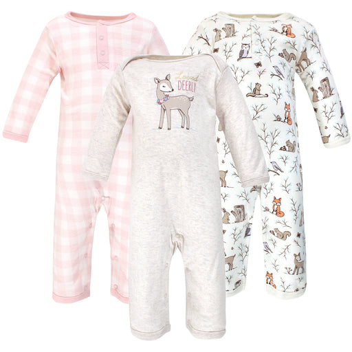 Hudson Baby Infant Girl Cotton Coveralls 3 Pack, Enchanted Forest