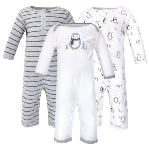 Hudson Baby Infant Cotton Coveralls 3-Pack, Gray Penguin
