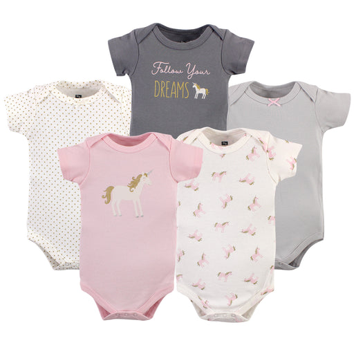 Hudson Baby Infant Girl Cotton Bodysuits 5 Pack, Gold Unicorn