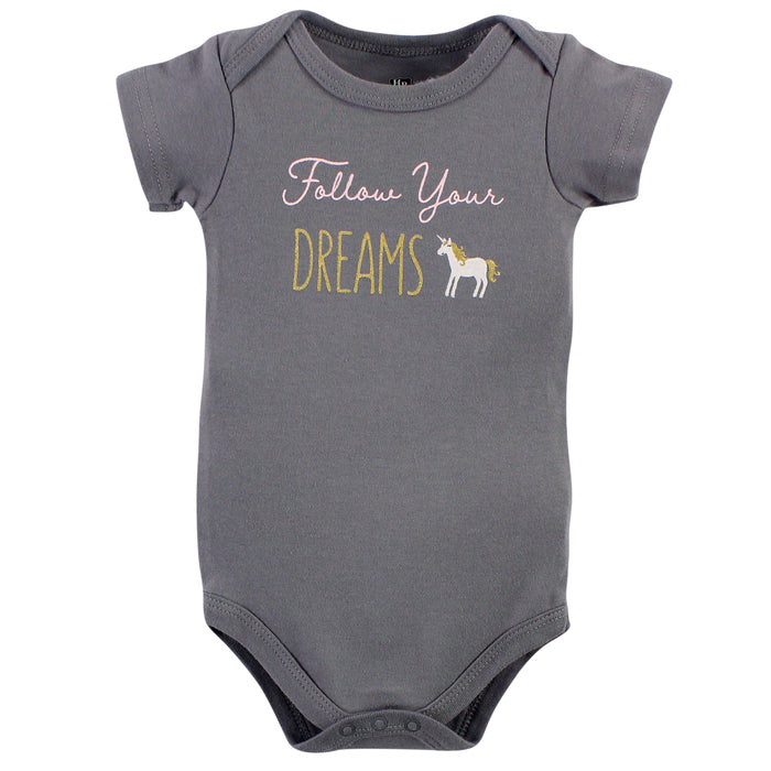 Hudson Baby Infant Girl Cotton Bodysuits 5 Pack, Gold Unicorn