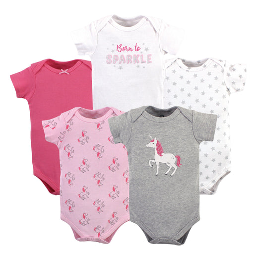 Hudson Baby Infant Girl Cotton Bodysuits 5 Pack, Pink Unicorn